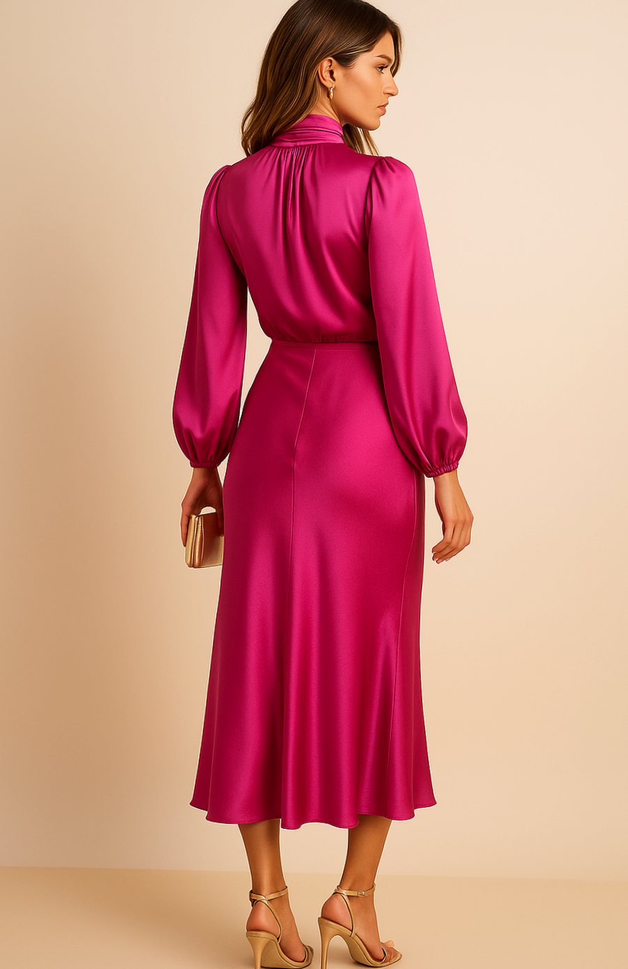 Women's Satin Midi Dress — Mock Neck Bishop Sleeve High Waist 17