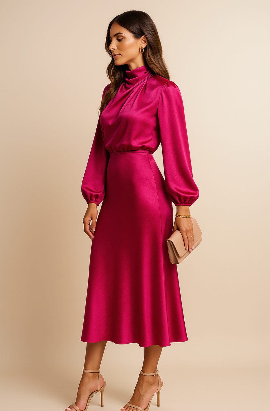 Women's Satin Midi Dress — Mock Neck Bishop Sleeve High Waist 18