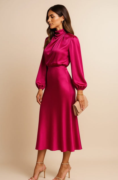 Women's Satin Midi Dress — Mock Neck Bishop Sleeve High Waist 18