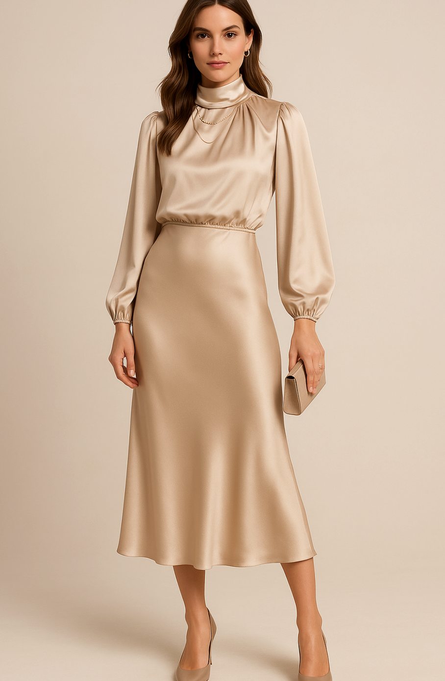 Women's Satin Midi Dress — Mock Neck Bishop Sleeve High Waist 19
