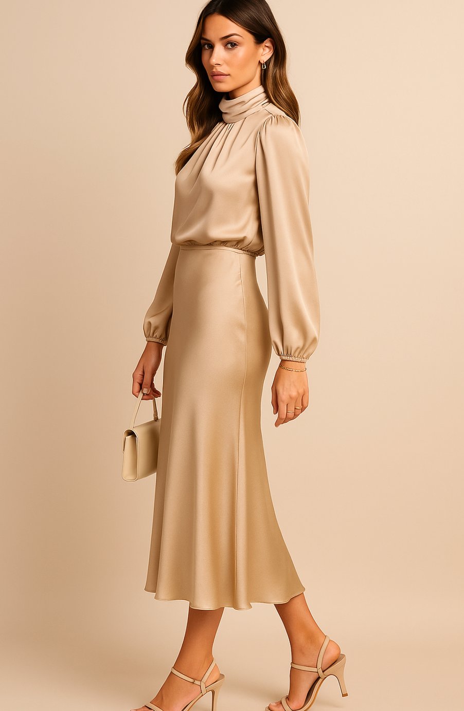 Women's Satin Midi Dress — Mock Neck Bishop Sleeve High Waist 2