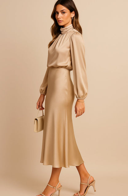 Women's Satin Midi Dress — Mock Neck Bishop Sleeve High Waist 20
