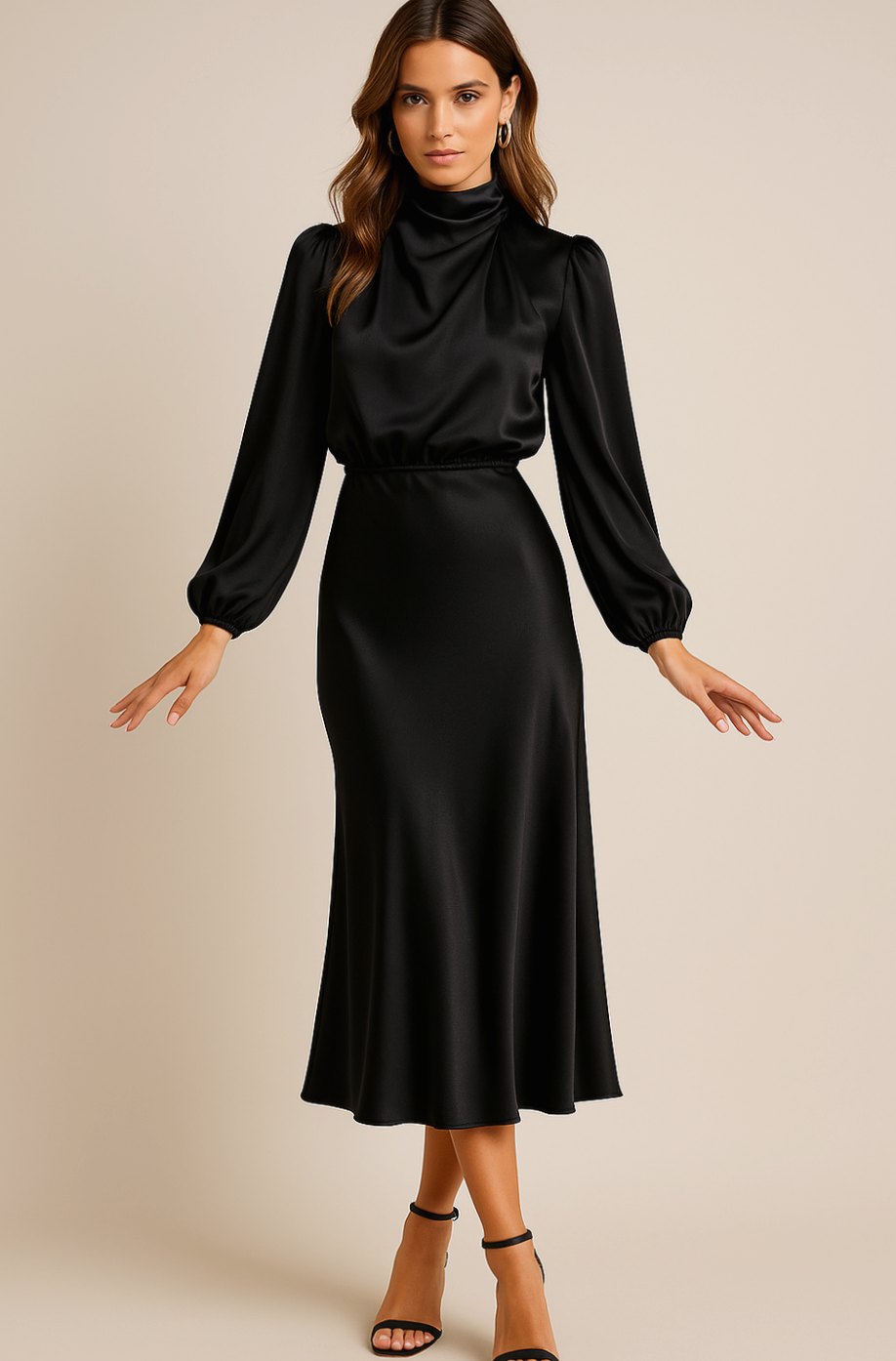 Women's Satin Midi Dress — Mock Neck Bishop Sleeve High Waist 21