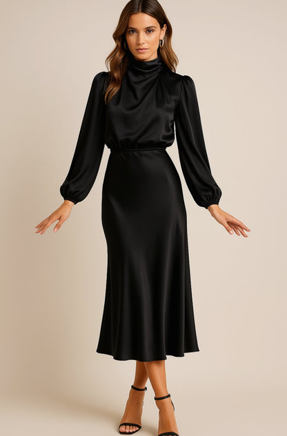 Women's Satin Midi Dress — Mock Neck Bishop Sleeve High Waist 21