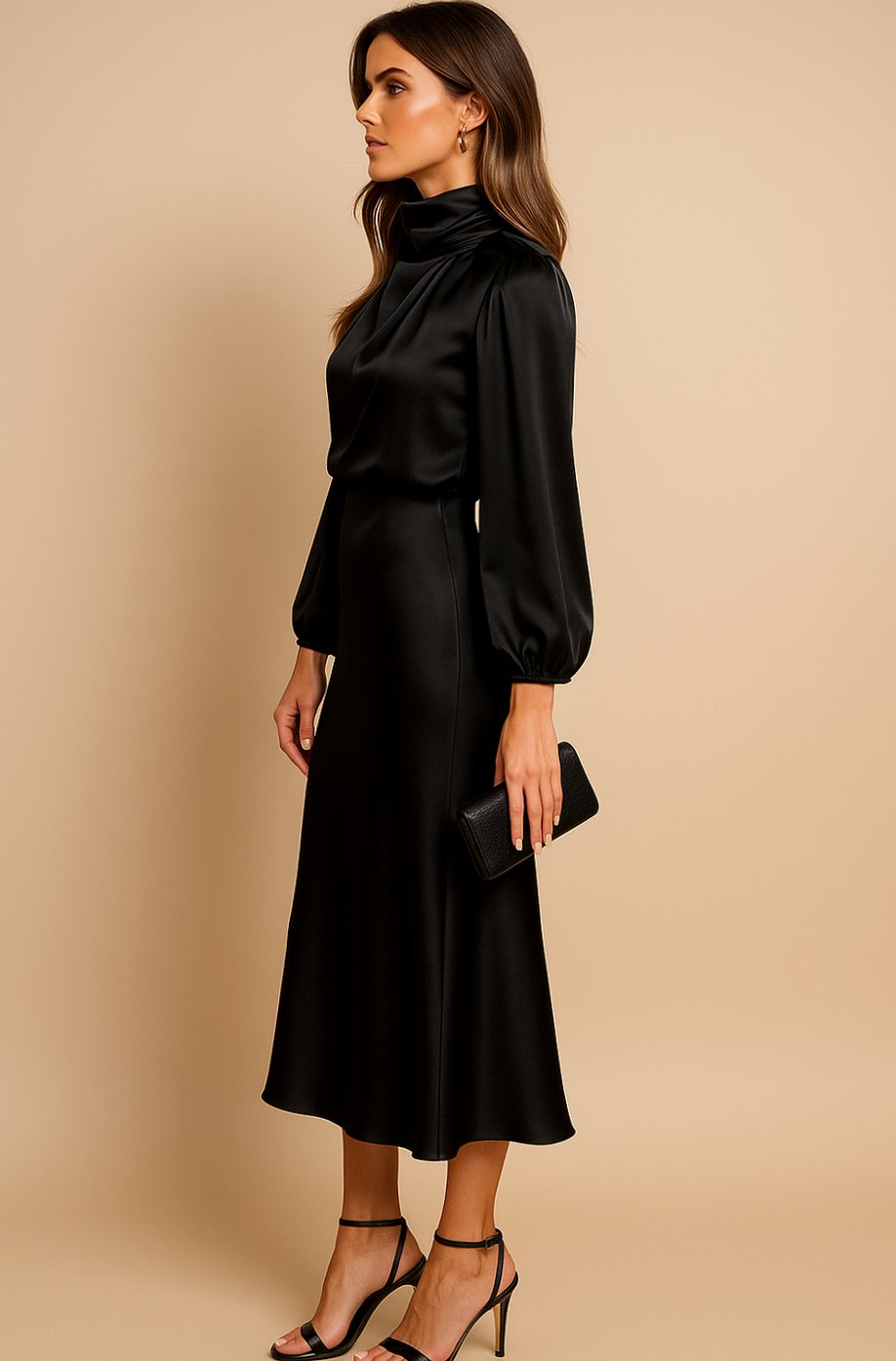 Women's Satin Midi Dress — Mock Neck Bishop Sleeve High Waist 22