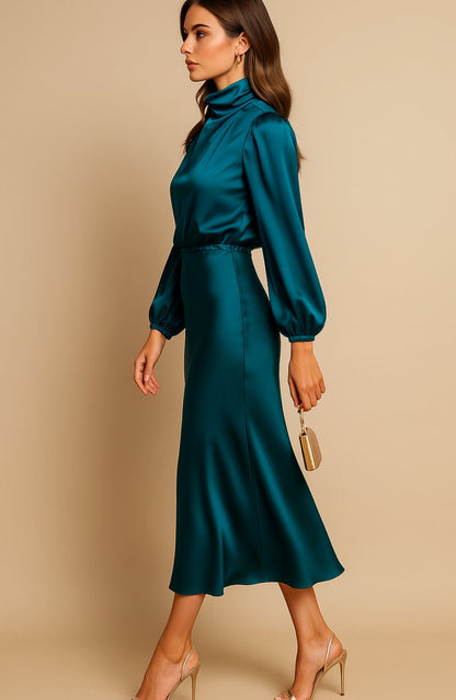 Women's Satin Midi Dress — Mock Neck Bishop Sleeve High Waist 23
