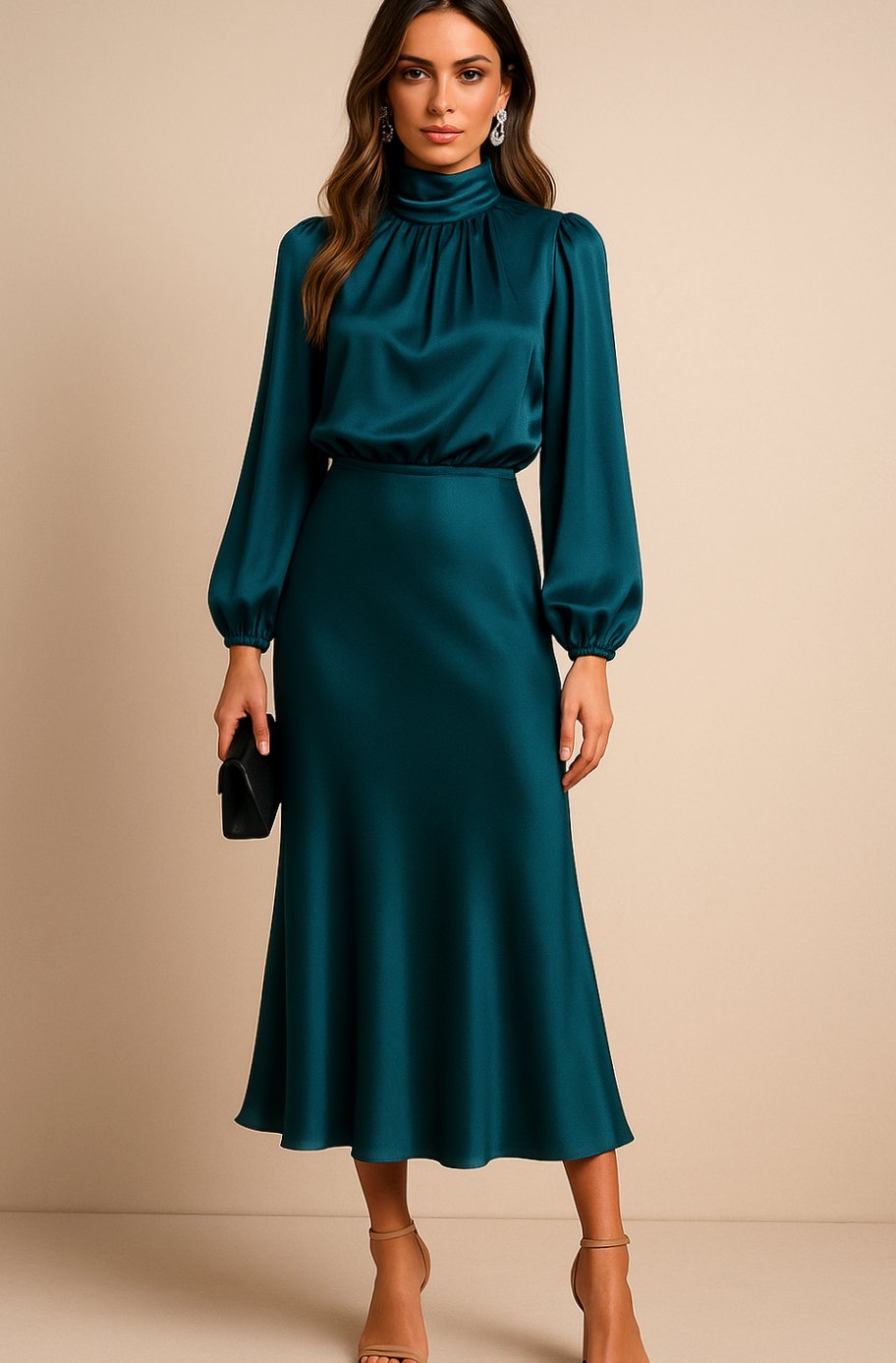 Women's Satin Midi Dress — Mock Neck Bishop Sleeve High Waist 24