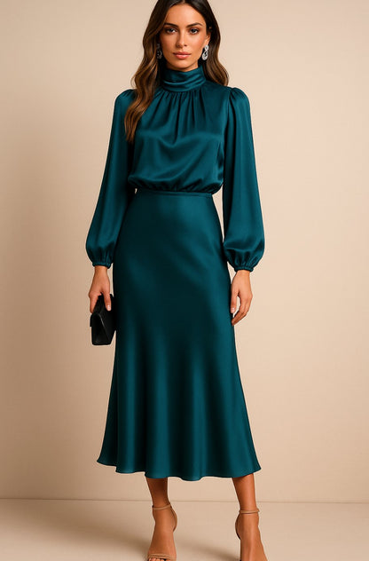 Women's Satin Midi Dress — Mock Neck Bishop Sleeve High Waist 24