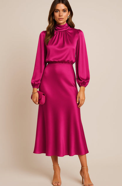 Women's Satin Midi Dress — Mock Neck Bishop Sleeve High Waist 25