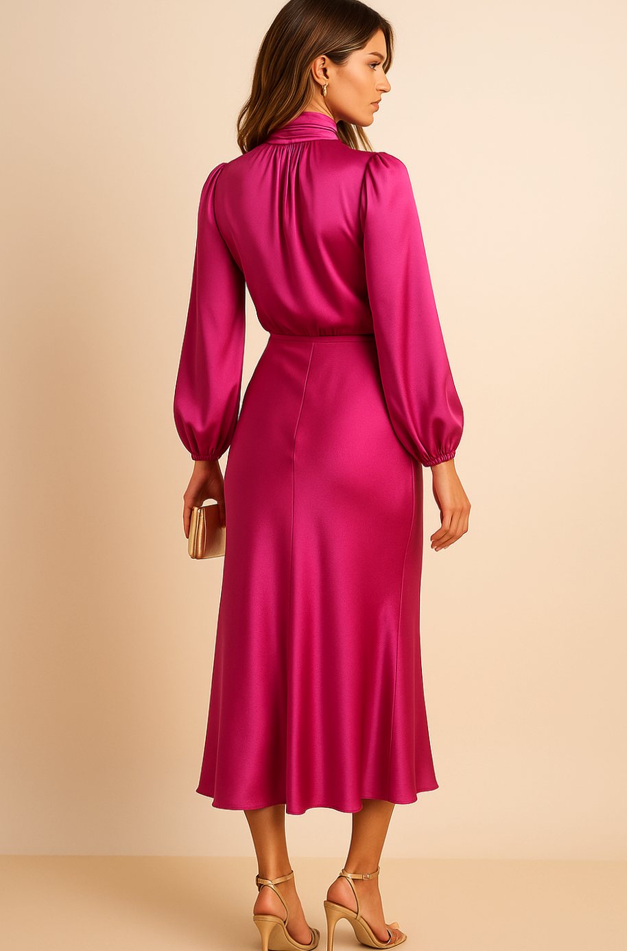 Women's Satin Midi Dress — Mock Neck Bishop Sleeve High Waist 26