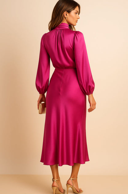 Women's Satin Midi Dress — Mock Neck Bishop Sleeve High Waist 26