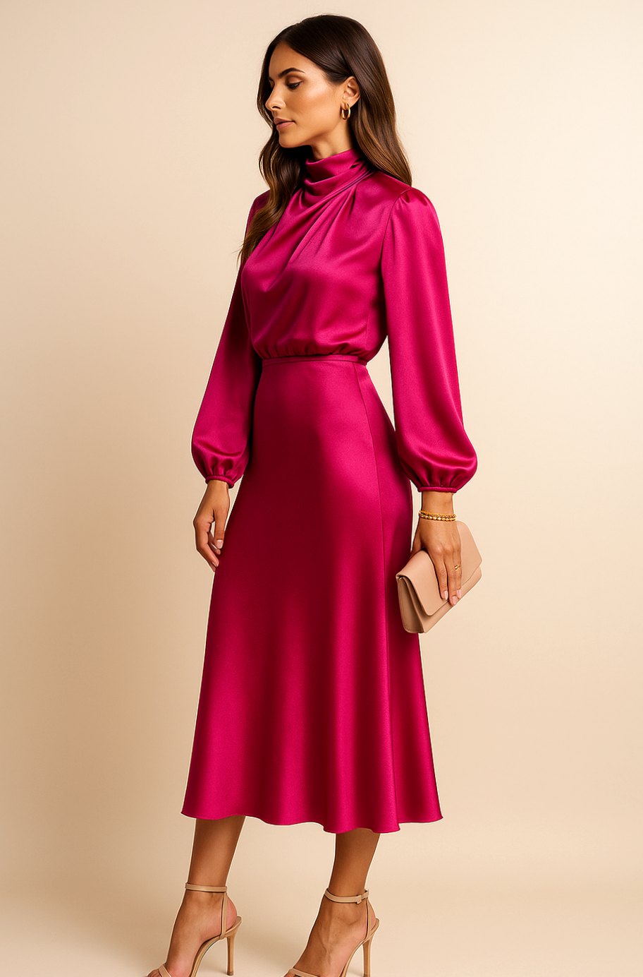 Women's Satin Midi Dress — Mock Neck Bishop Sleeve High Waist 27