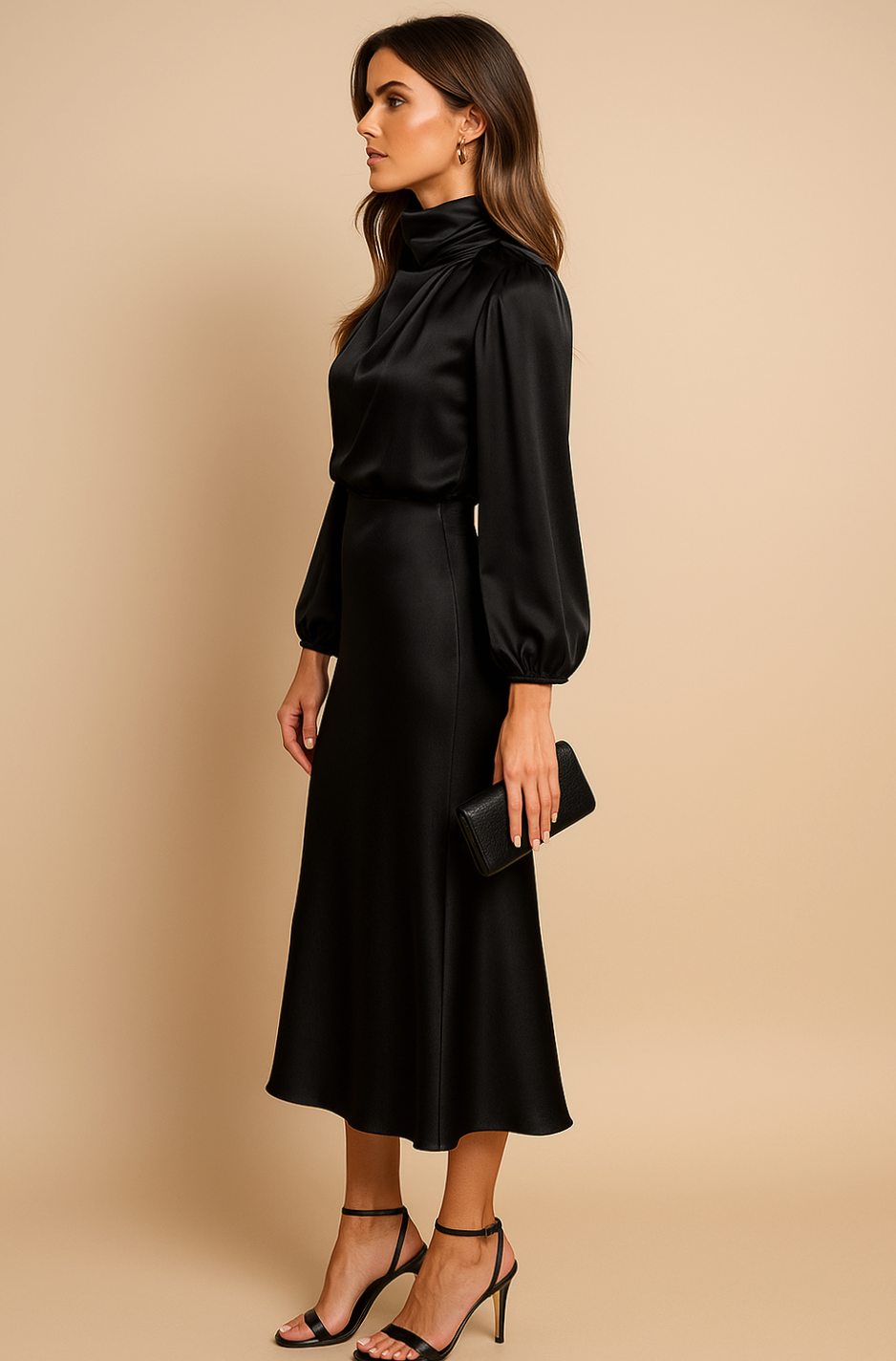 Women's Satin Midi Dress — Mock Neck Bishop Sleeve High Waist 4