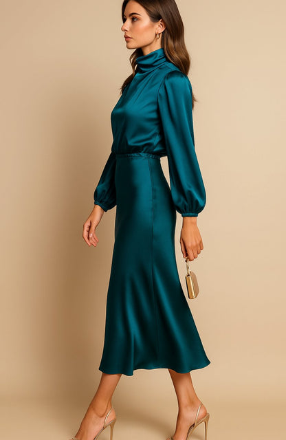 Women's Satin Midi Dress — Mock Neck Bishop Sleeve High Waist 5
