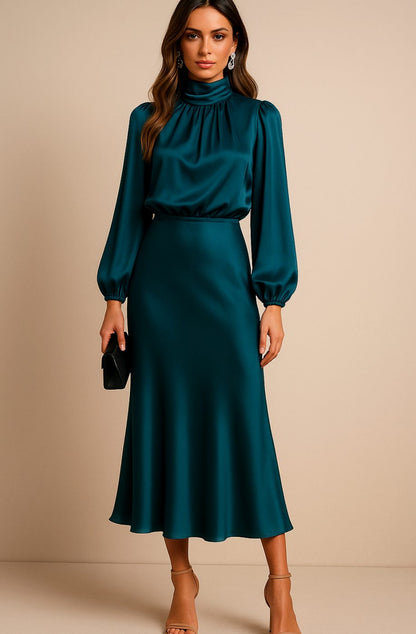 Women's Satin Midi Dress — Mock Neck Bishop Sleeve High Waist 6