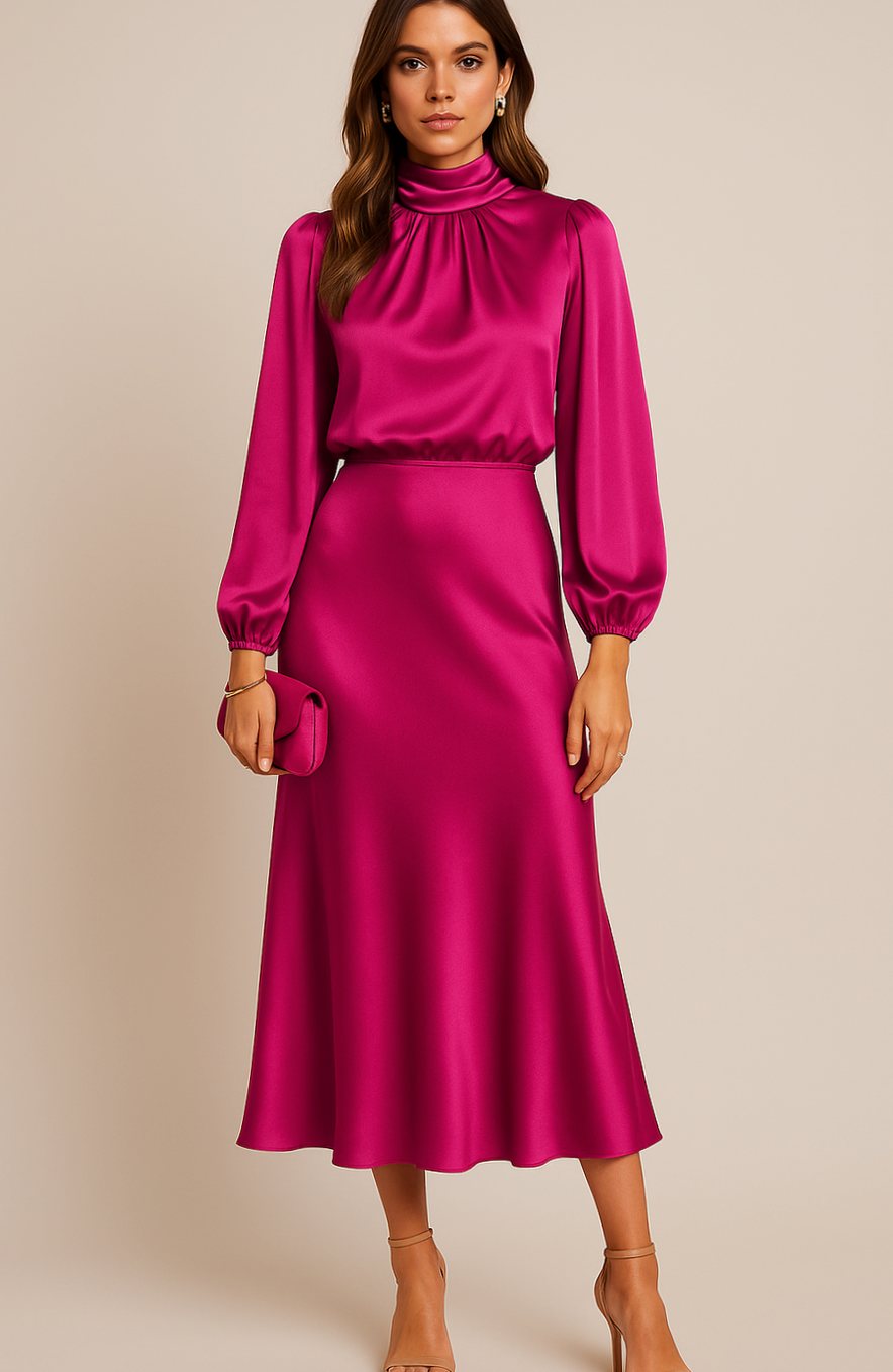 Women's Satin Midi Dress — Mock Neck Bishop Sleeve High Waist 7