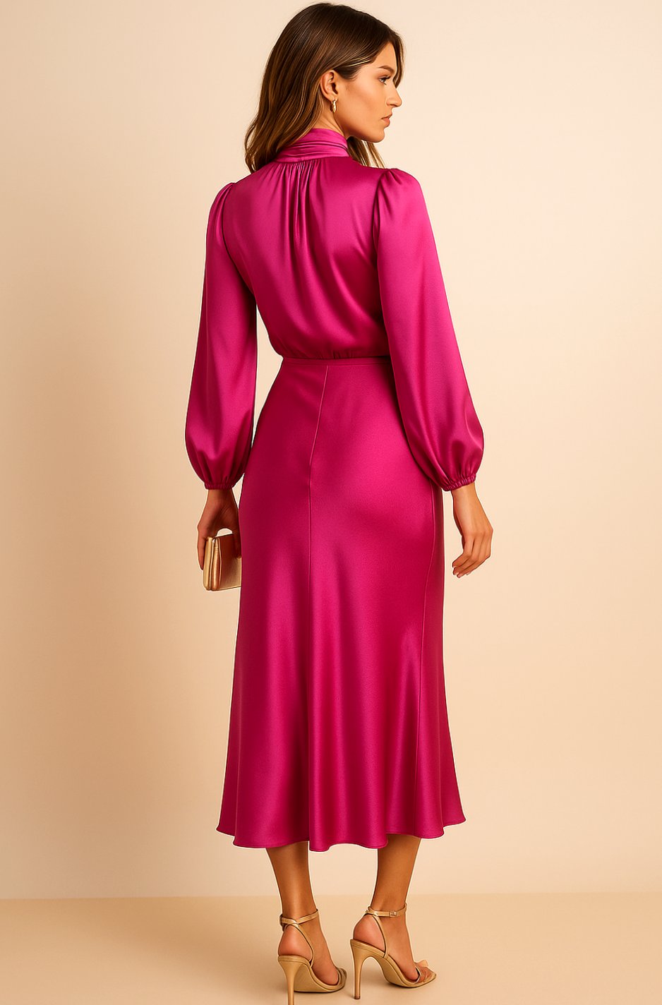 Women's Satin Midi Dress — Mock Neck Bishop Sleeve High Waist 8