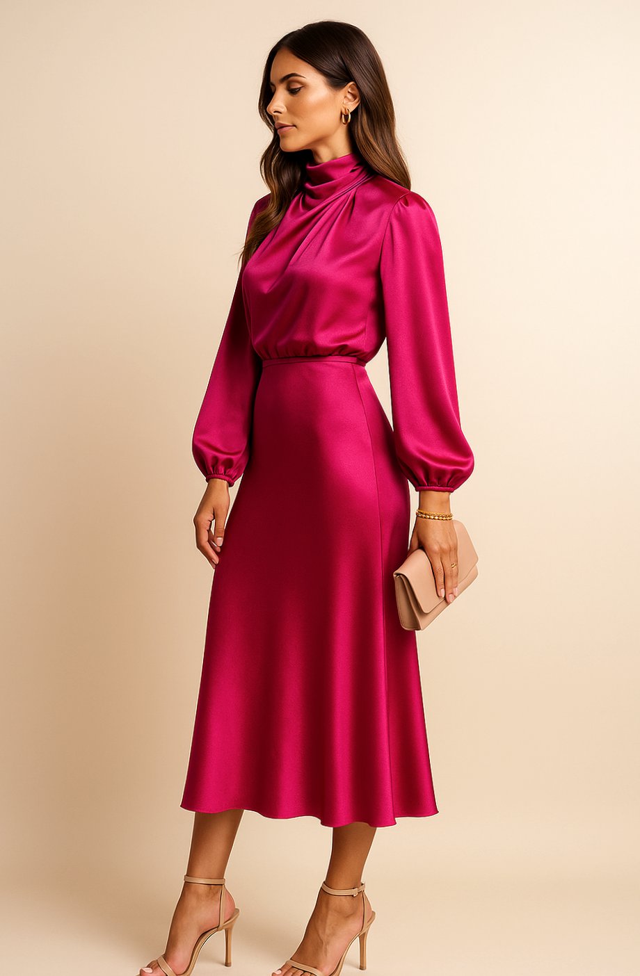 Women's Satin Midi Dress — Mock Neck Bishop Sleeve High Waist 9