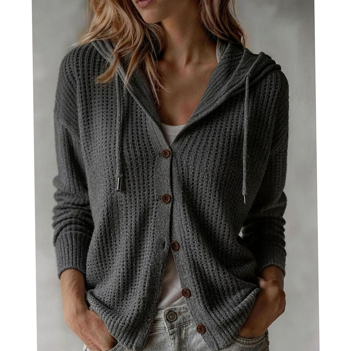 Women's Hooded Waffle-Knit Cardigan — Relaxed Button-Front Fit 5
