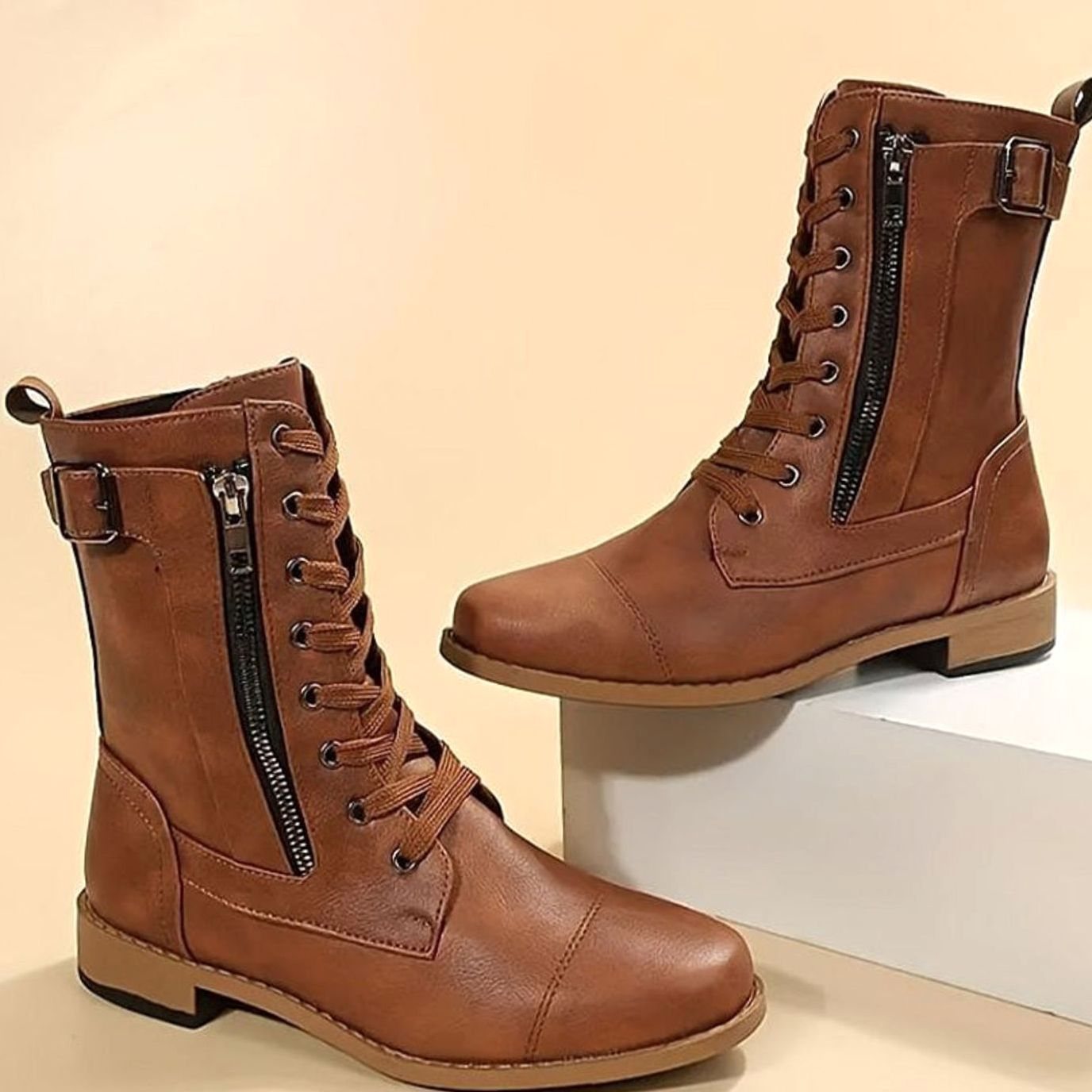 Women's Faux Leather Lace-Up Side-Zip Combat Boots 1