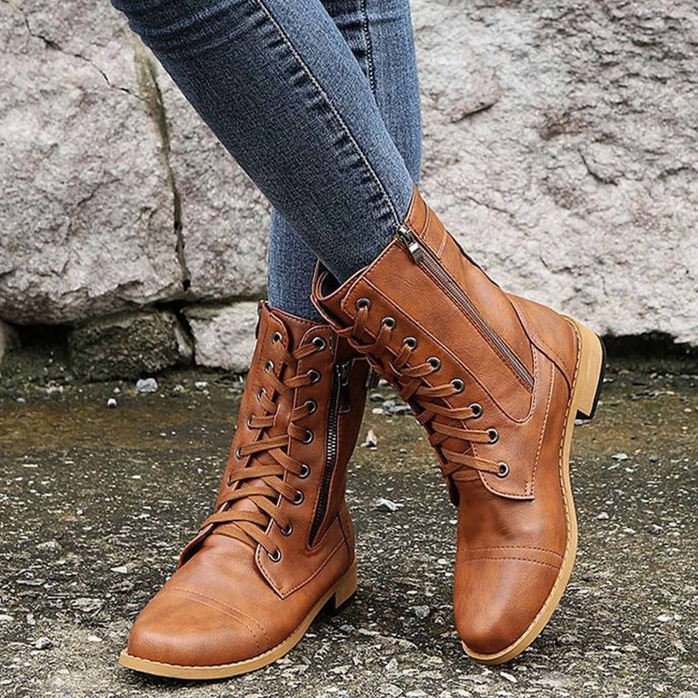 Women's Faux Leather Lace-Up Side-Zip Combat Boots 10