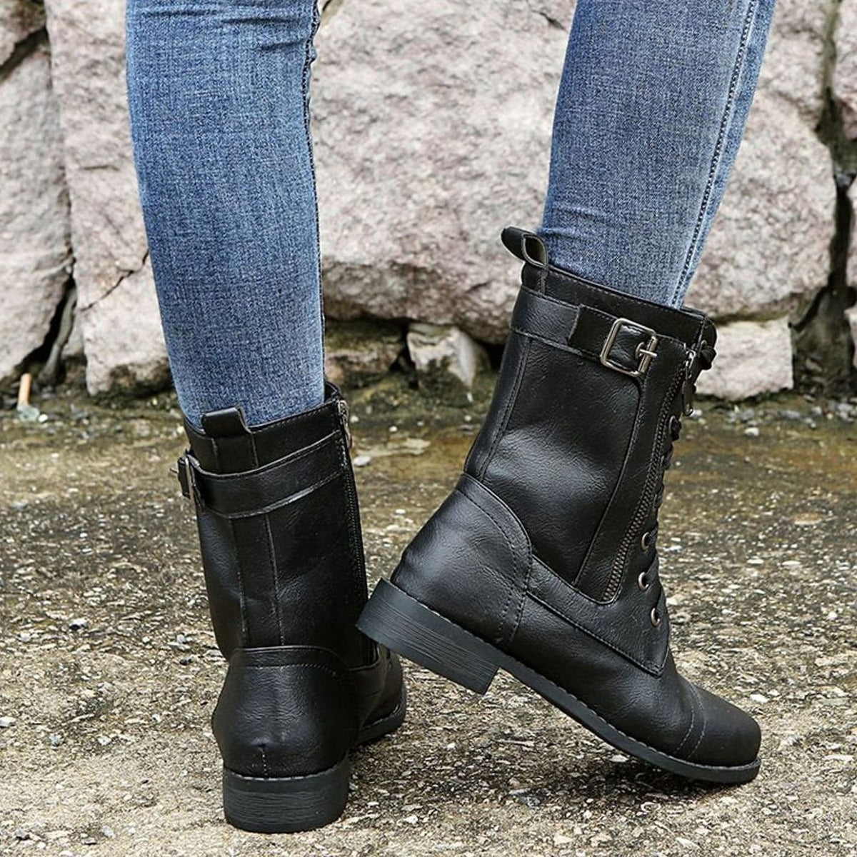 Women's Faux Leather Lace-Up Side-Zip Combat Boots 13