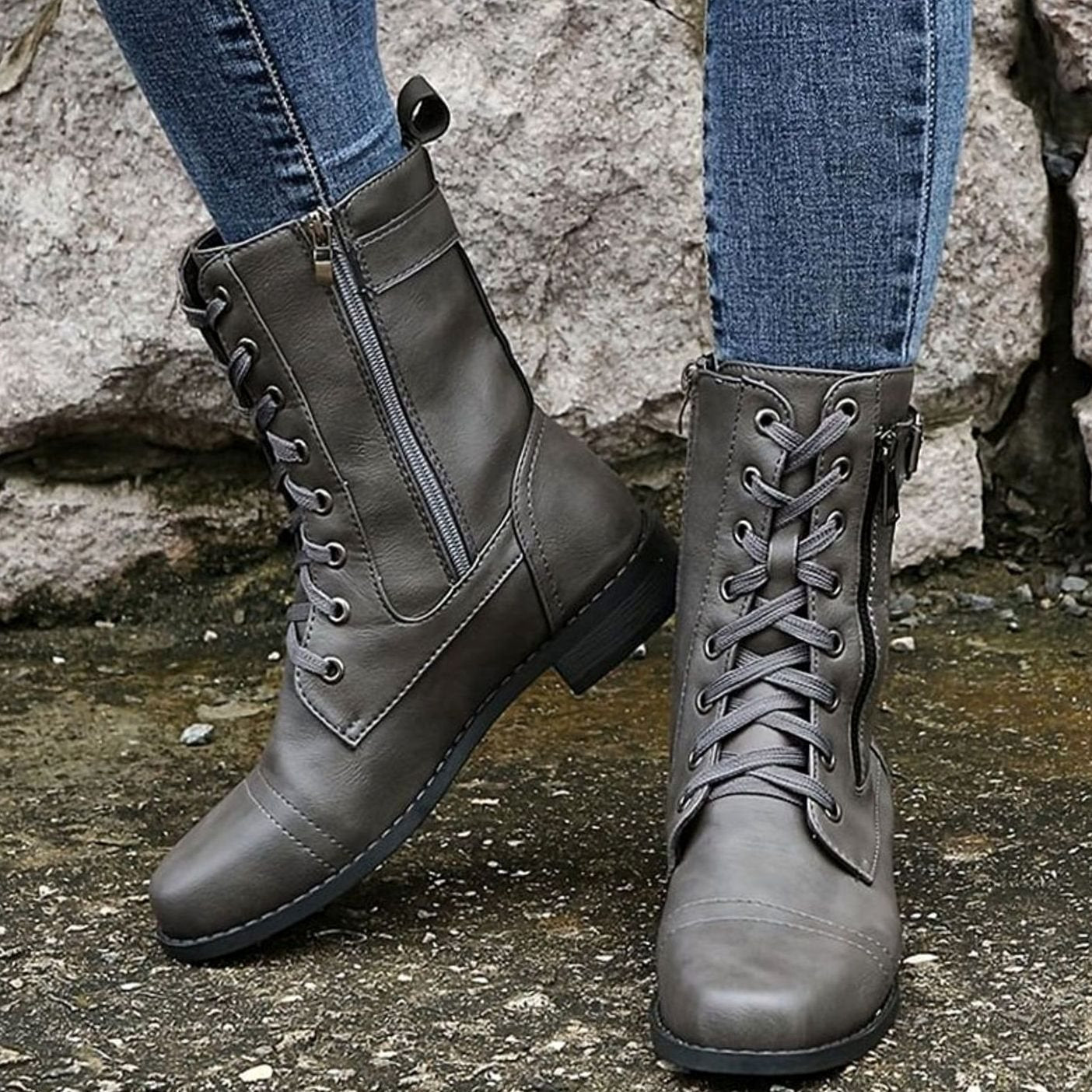 Women's Faux Leather Lace-Up Side-Zip Combat Boots 14