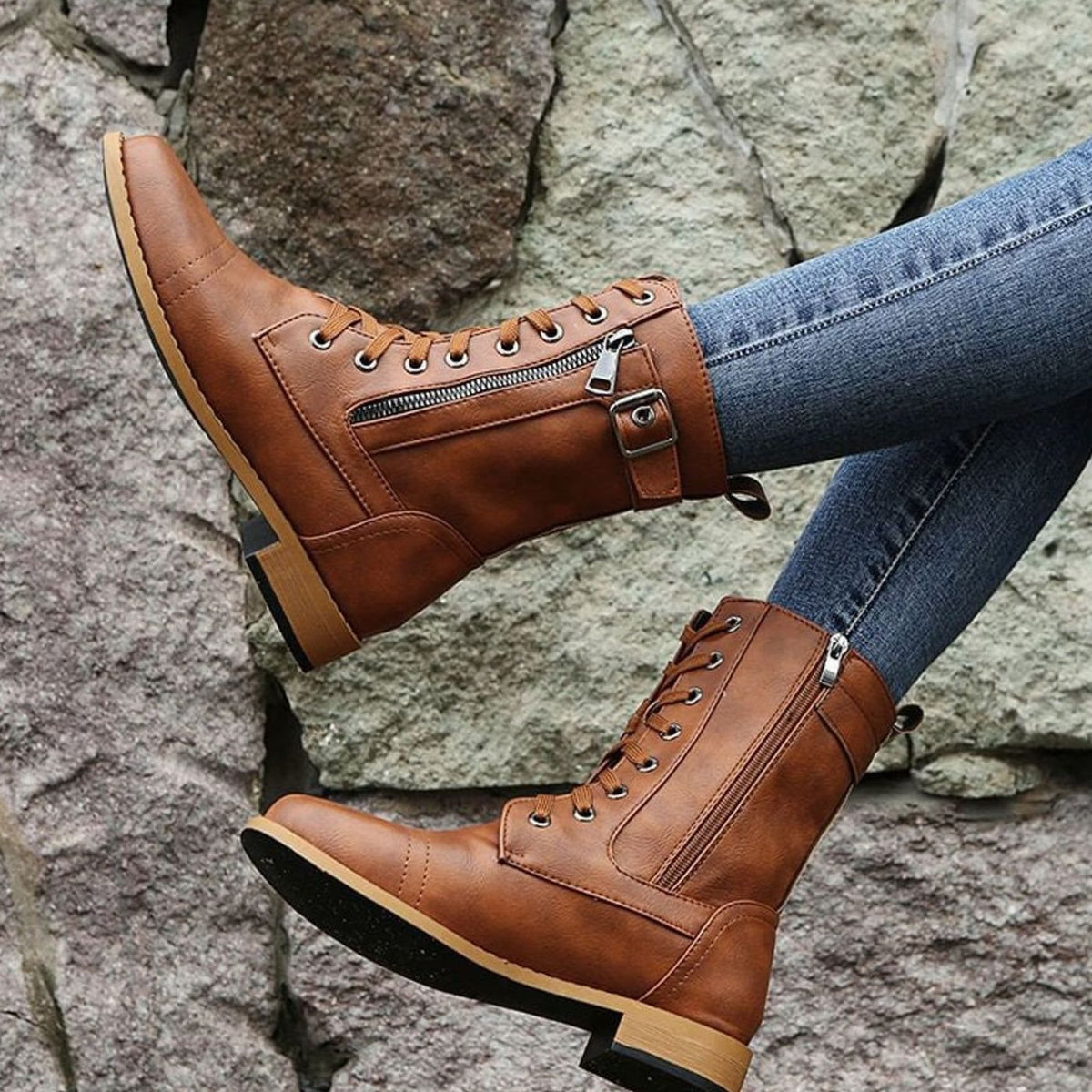 Women's Faux Leather Lace-Up Side-Zip Combat Boots 16