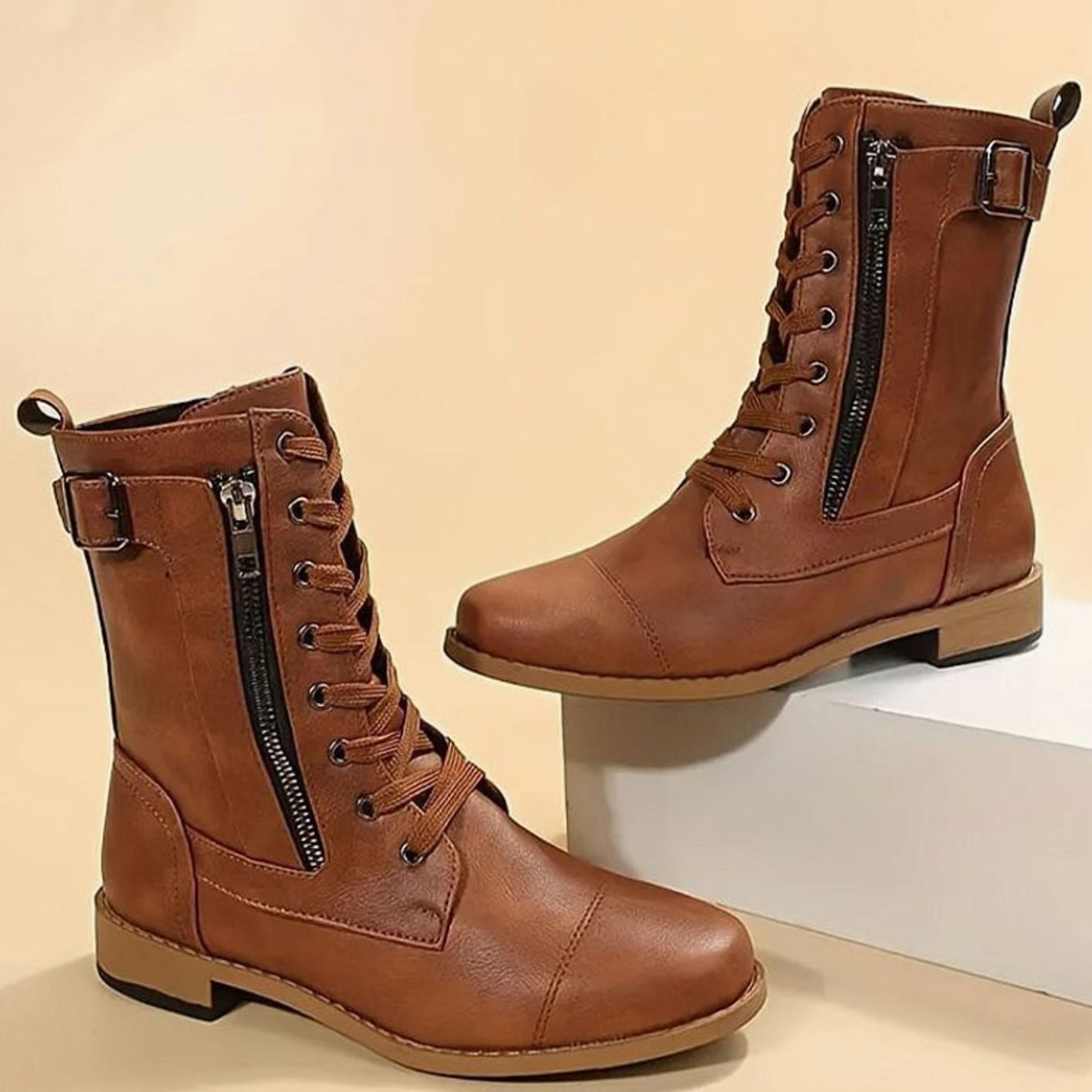Women's Faux Leather Lace-Up Side-Zip Combat Boots 17