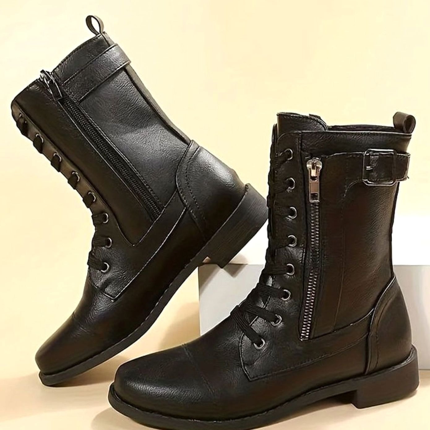 Women's Faux Leather Lace-Up Side-Zip Combat Boots 18