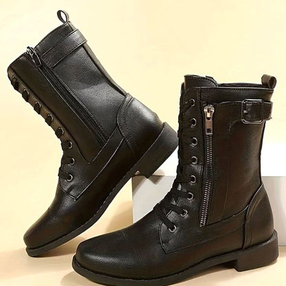 Women's Faux Leather Lace-Up Side-Zip Combat Boots 18