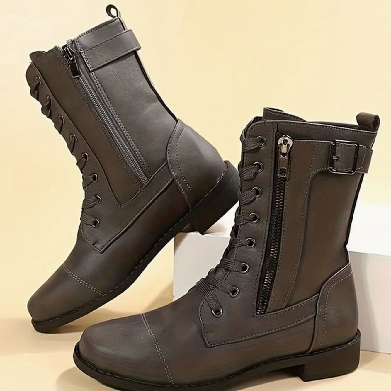 Women's Faux Leather Lace-Up Side-Zip Combat Boots 19
