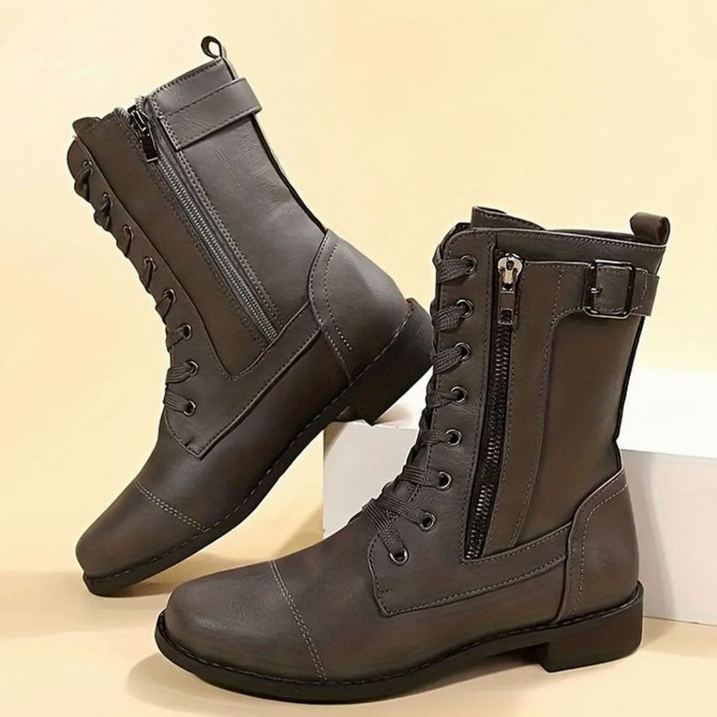 Women's Faux Leather Lace-Up Side-Zip Combat Boots 2