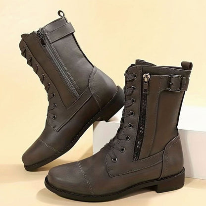 Women's Faux Leather Lace-Up Side-Zip Combat Boots 2
