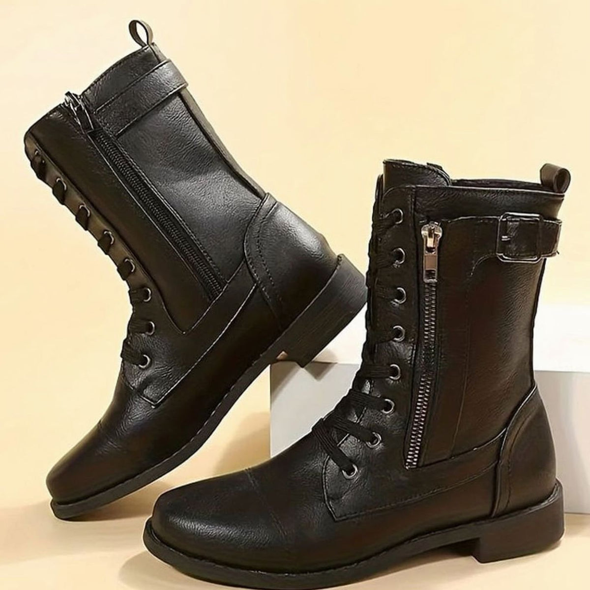 Women's Faux Leather Lace-Up Side-Zip Combat Boots 3