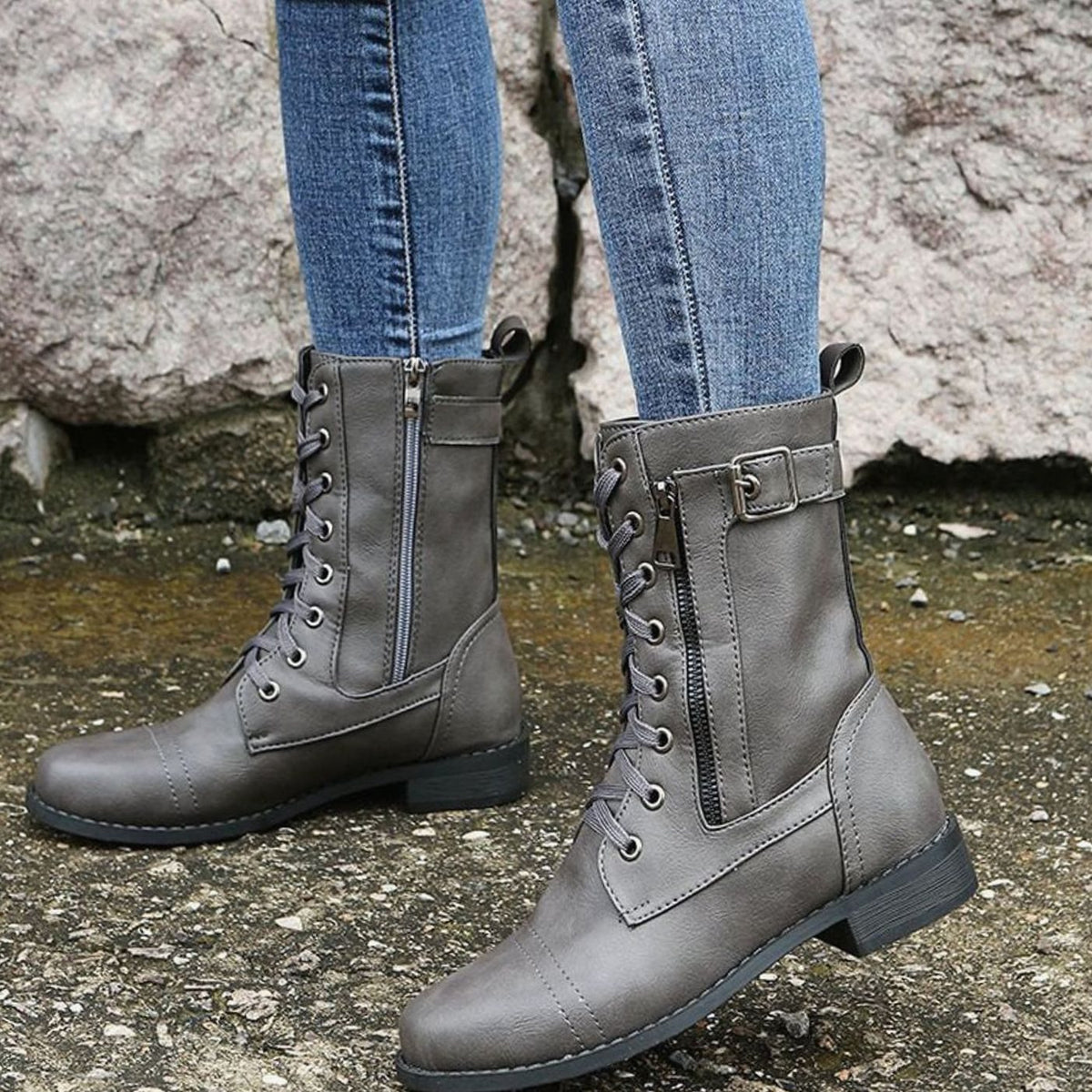 Women's Faux Leather Lace-Up Side-Zip Combat Boots 4