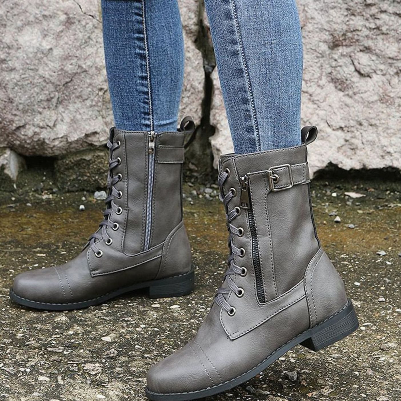 Women's Faux Leather Lace-Up Side-Zip Combat Boots 4