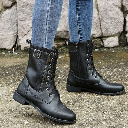 Women's Faux Leather Lace-Up Side-Zip Combat Boots 5