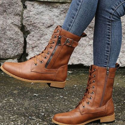 Women's Faux Leather Lace-Up Side-Zip Combat Boots 6