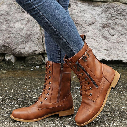 Women's Faux Leather Lace-Up Side-Zip Combat Boots 9