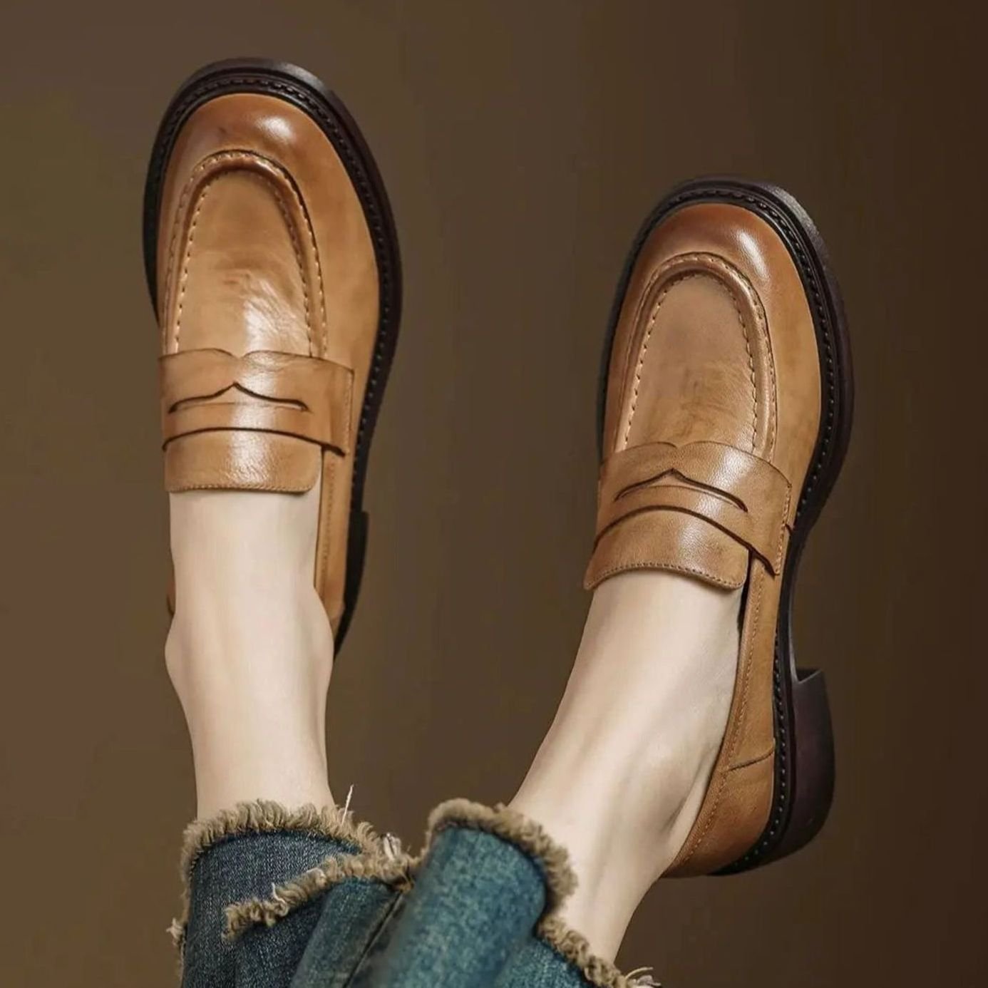 Women's Leather Penny Loafer Slip-On Flats — Light Brown 1