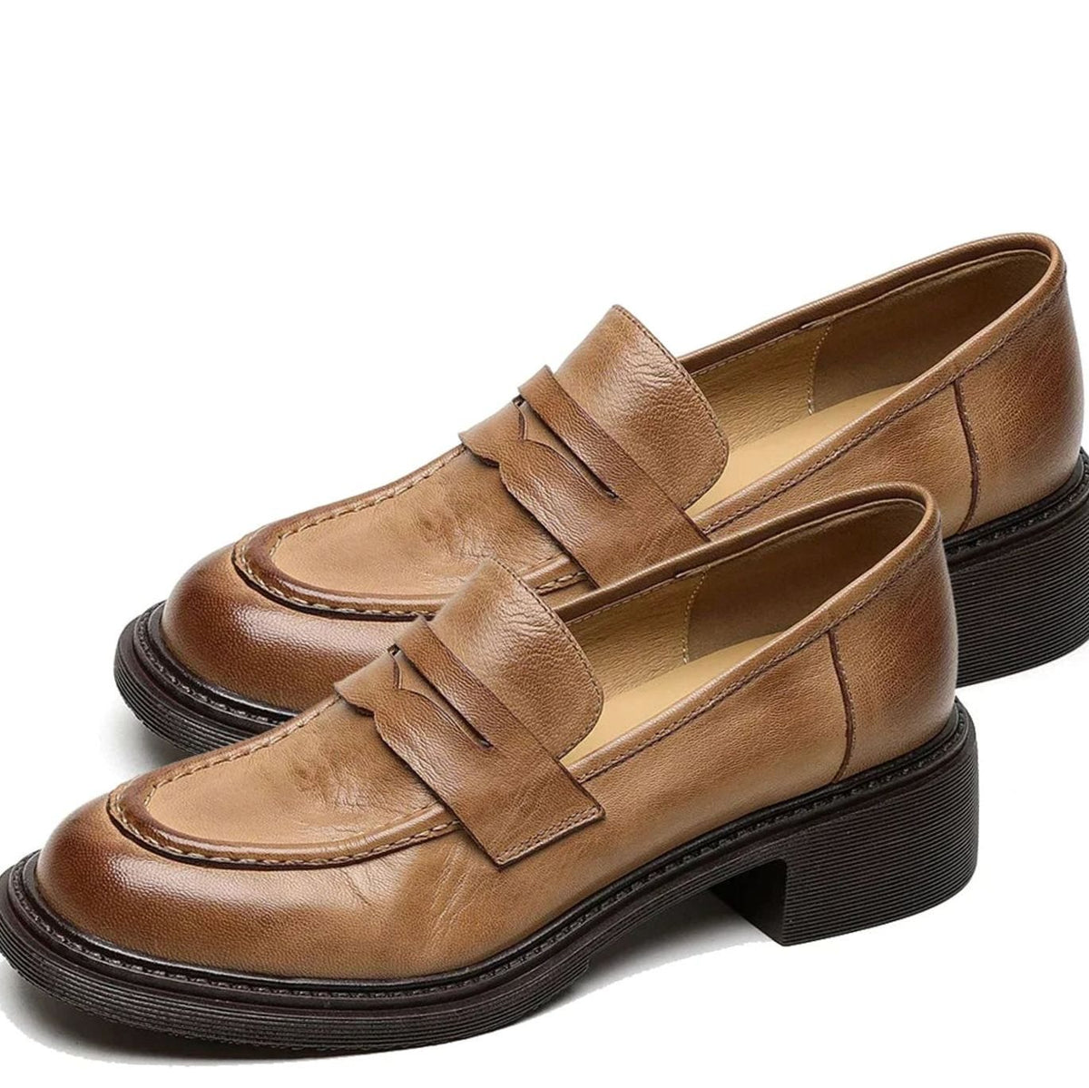 Women's Leather Penny Loafer Slip-On Flats — Light Brown 2