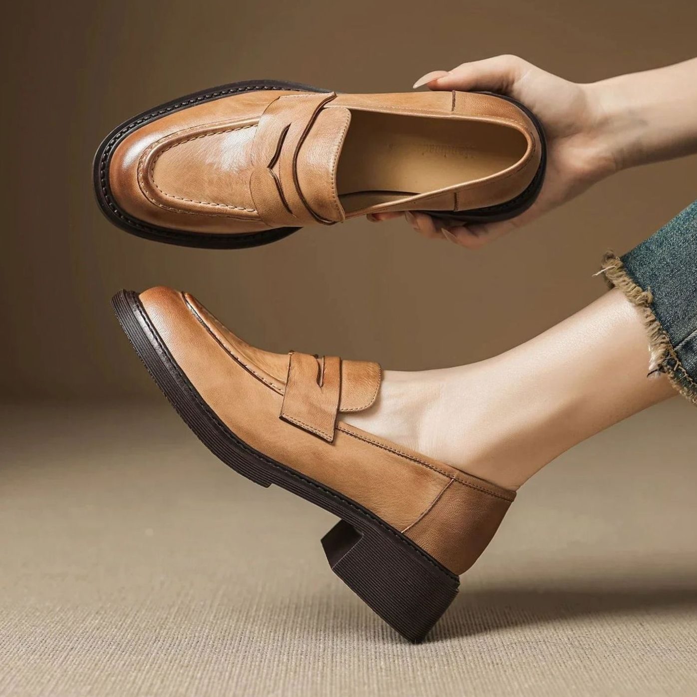 Women's Leather Penny Loafer Slip-On Flats — Light Brown 3