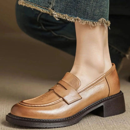 Women's Leather Penny Loafer Slip-On Flats — Light Brown 5
