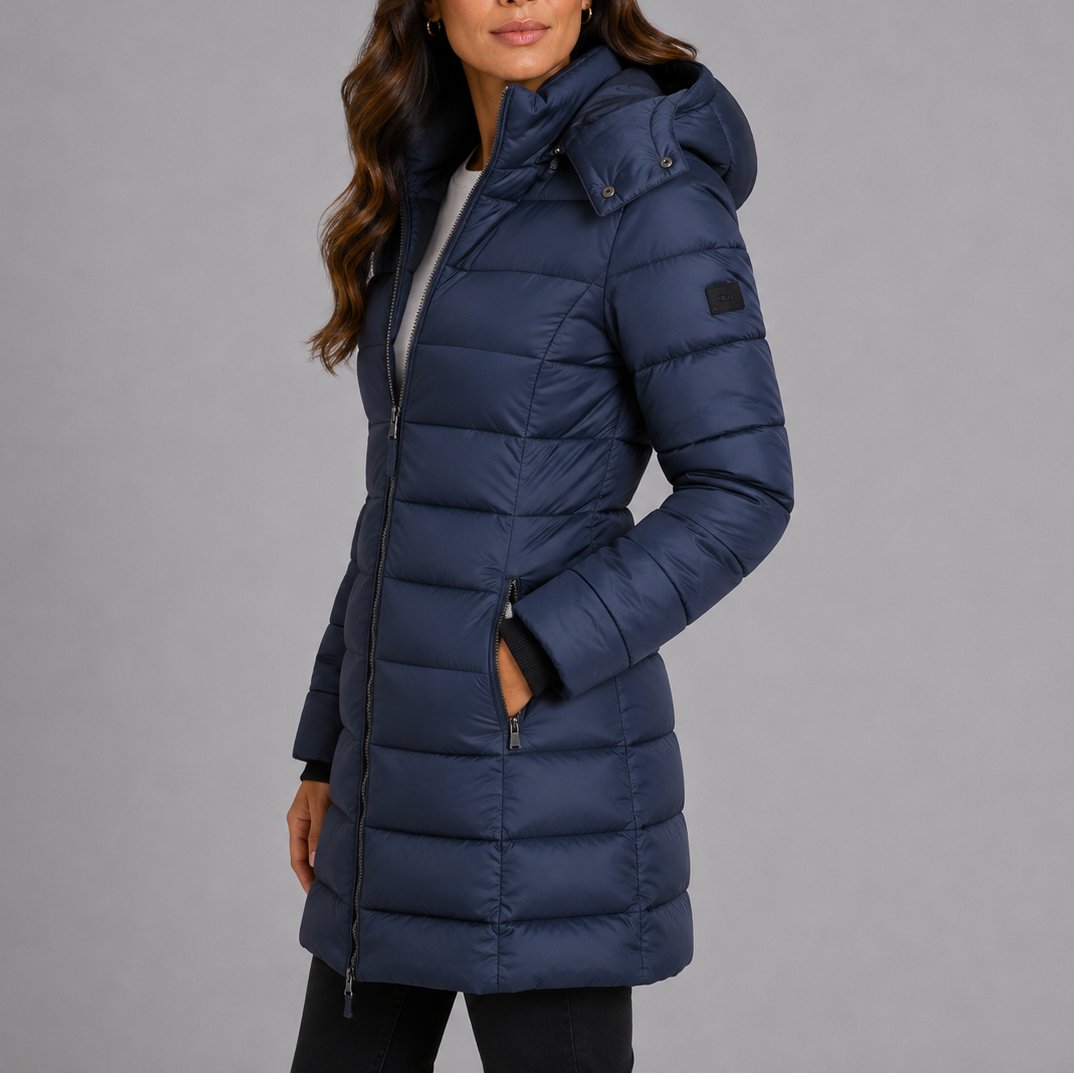 Women's long hooded puffer coat - detail view
