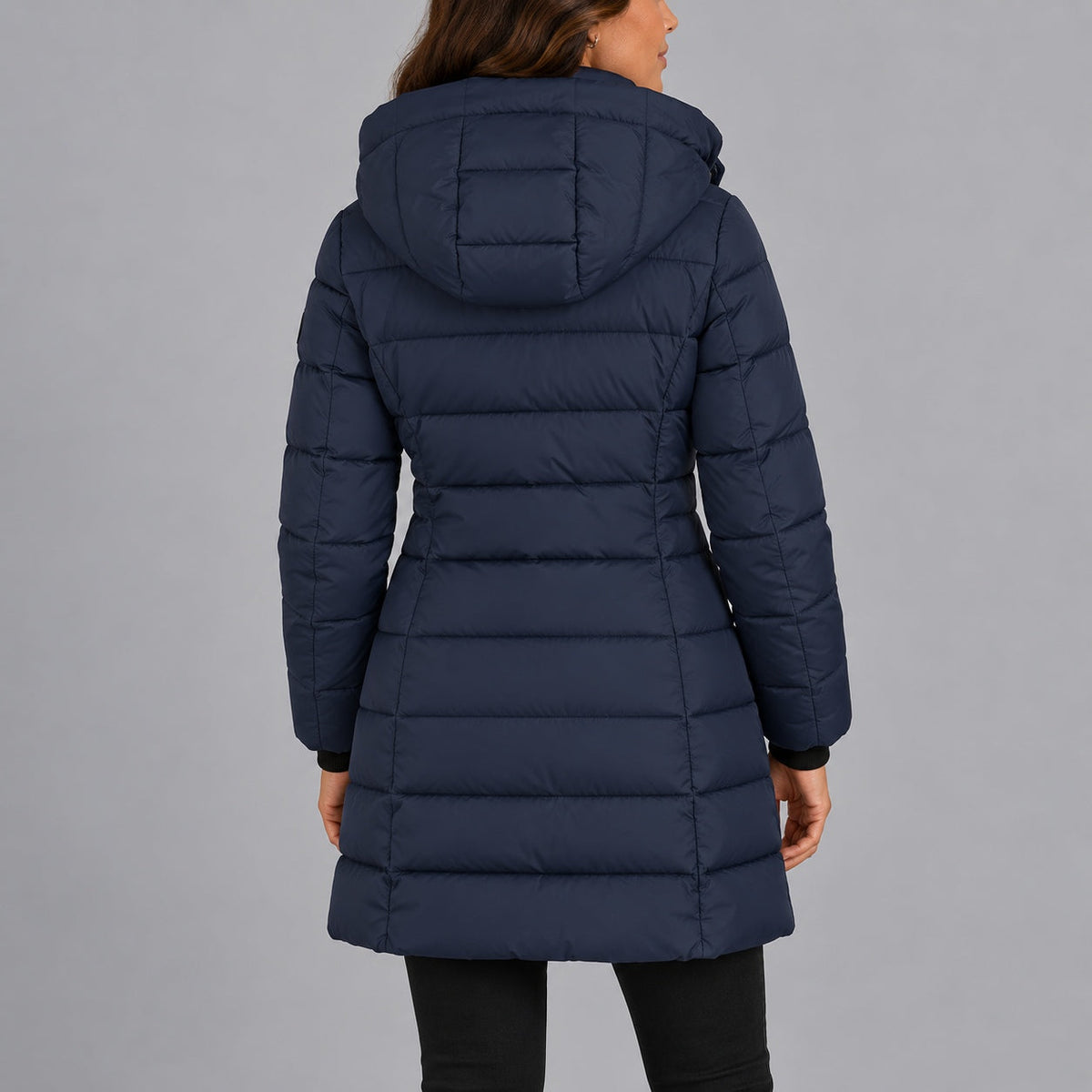 Navy long hooded puffer coat - back view