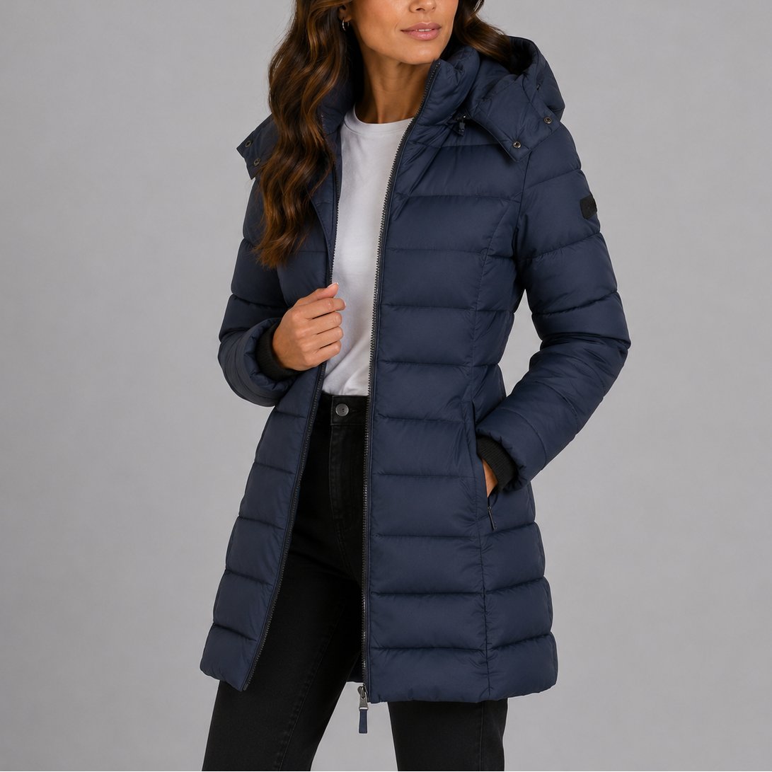 Navy long hooded puffer coat - front view
