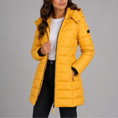 Yellow long hooded puffer coat - front view
