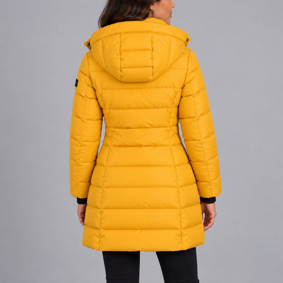 Yellow long hooded puffer coat - back view