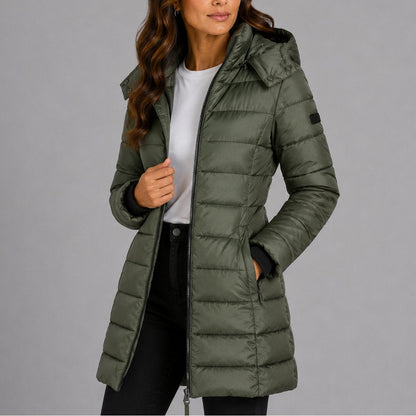 Green long hooded puffer coat - front view